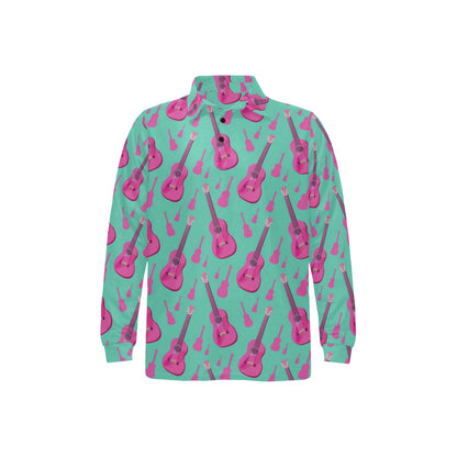 Acoustic Guitar Print Design LKS405 Long Sleeve Polo Shirt For Men's