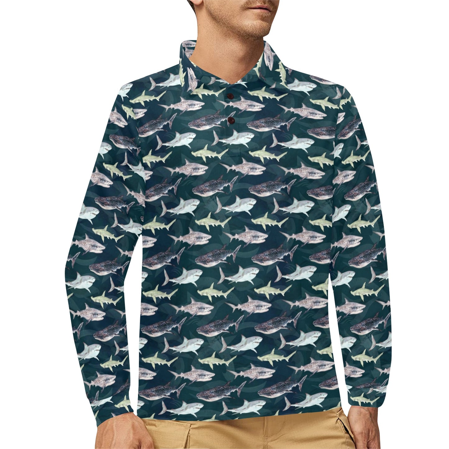 Shark Pattern Print Long Sleeve Polo Shirt For Men's