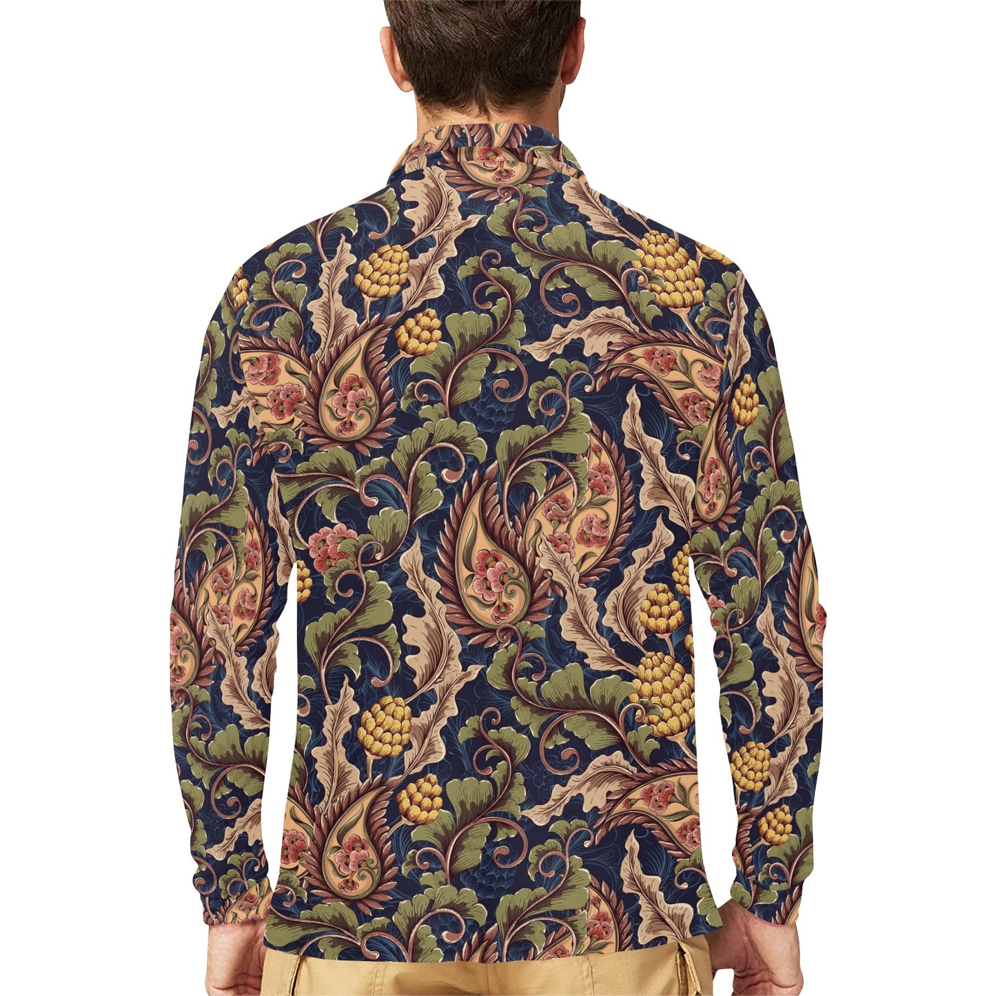 Floral Vintage Classic Print Long Sleeve Polo Shirt For Men's
