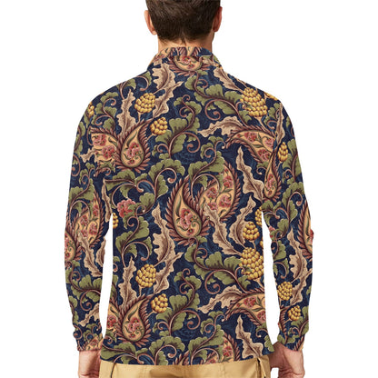 Floral Vintage Classic Print Long Sleeve Polo Shirt For Men's