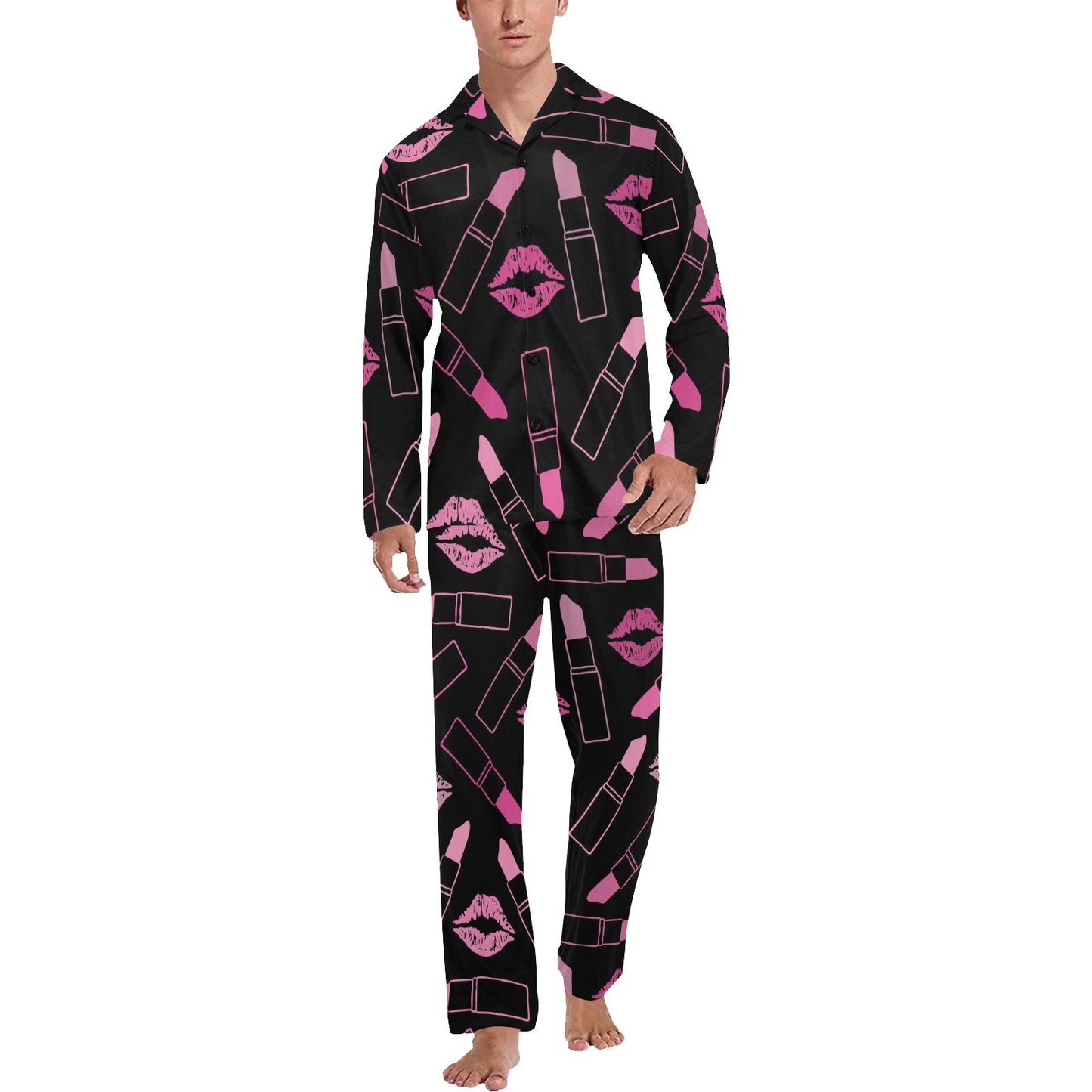 Lipstick Pink Pattern Print Design 01 Men's Long Pajama Set