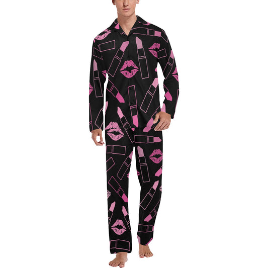Lipstick Pink Pattern Print Design 01 Men's Long Pajama Set