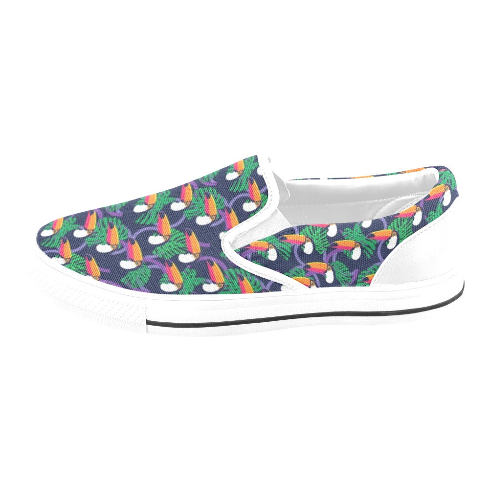 Toucan Print Design LKS302 White Slip Ons Canvas Women's Shoes