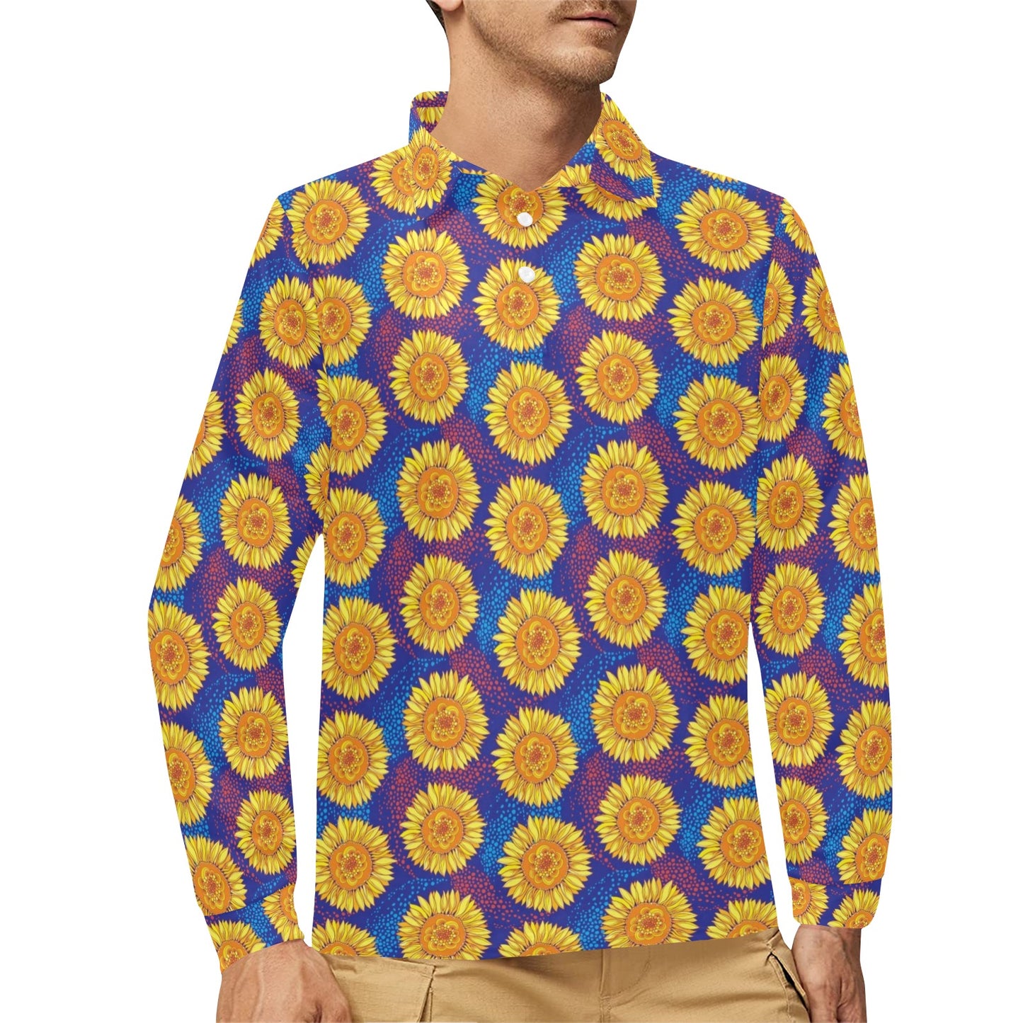 Sunflower Hand Drawn Style Print Long Sleeve Polo Shirt For Men's