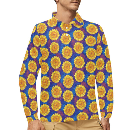 Sunflower Hand Drawn Style Print Long Sleeve Polo Shirt For Men's