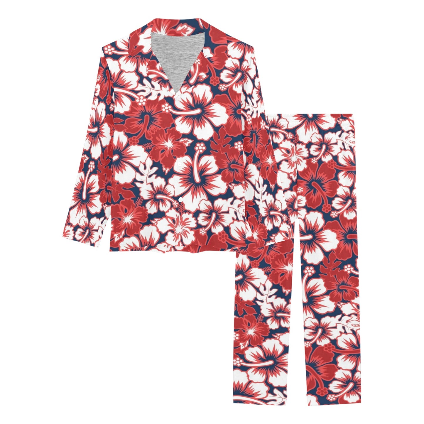Red Hibiscus Pattern Print Design HB01 Women's Long Pajama Set