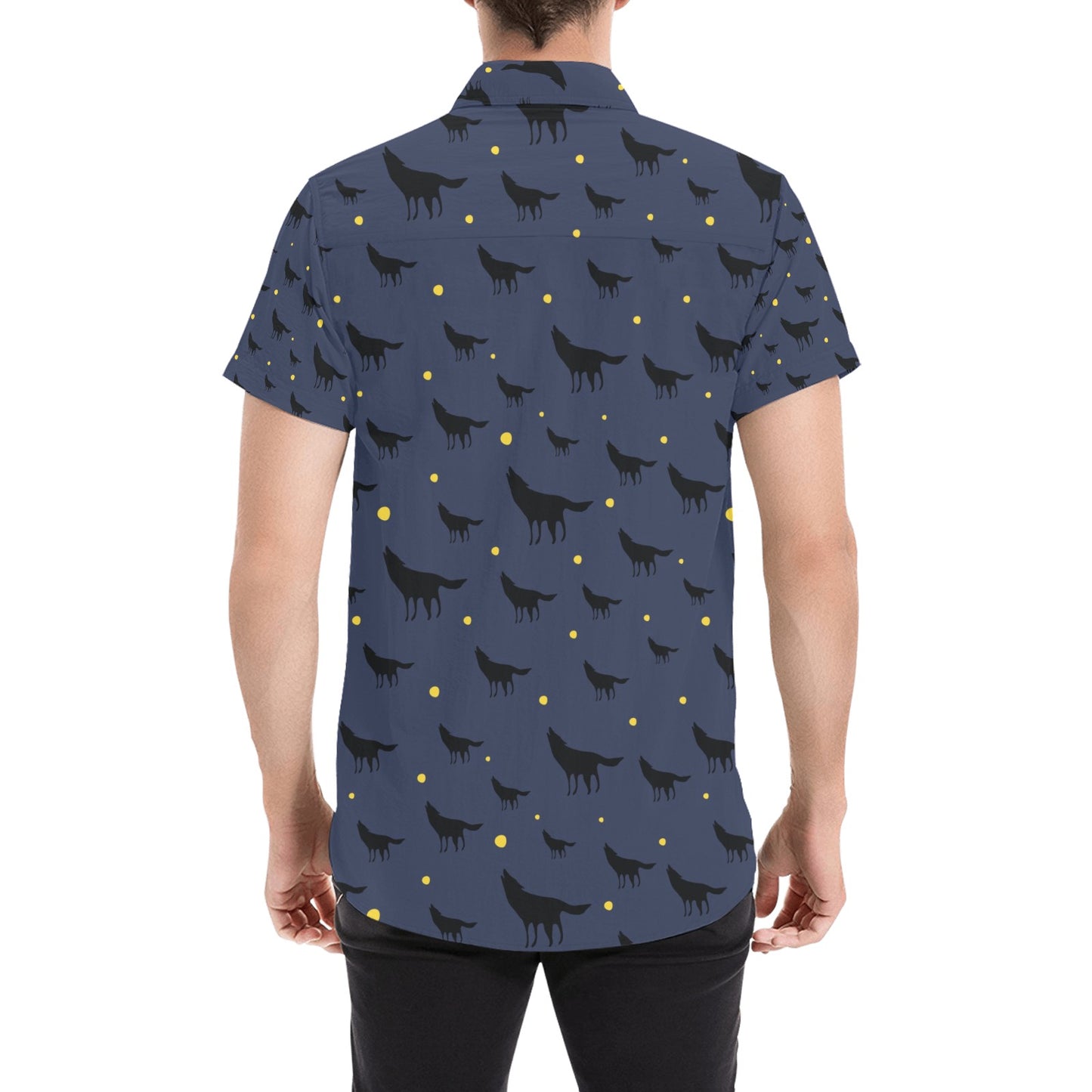 Wolf Print Design LKS301 Men Short Sleeve Button Up Shirt