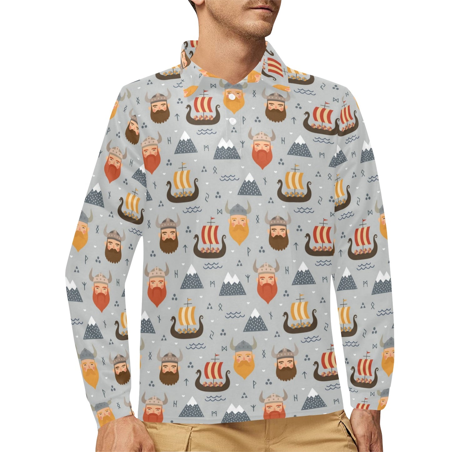 Vikings Print Design LKS307 Long Sleeve Polo Shirt For Men's