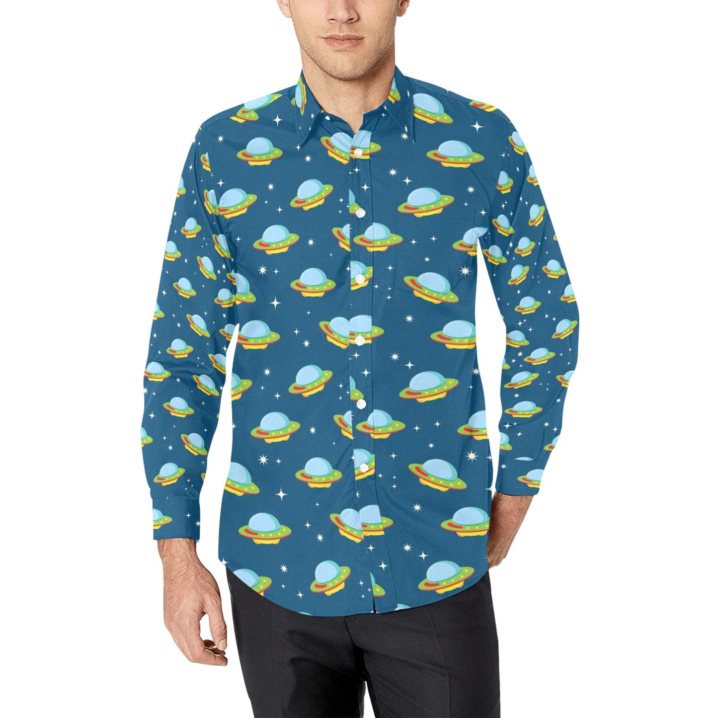 UFO Print Design LKS305 Men's Long Sleeve Dress Shirt