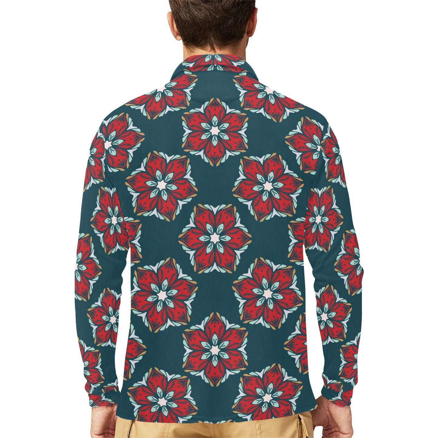 Poinsettia Pattern Print Design A03 Long Sleeve Polo Shirt For Men's