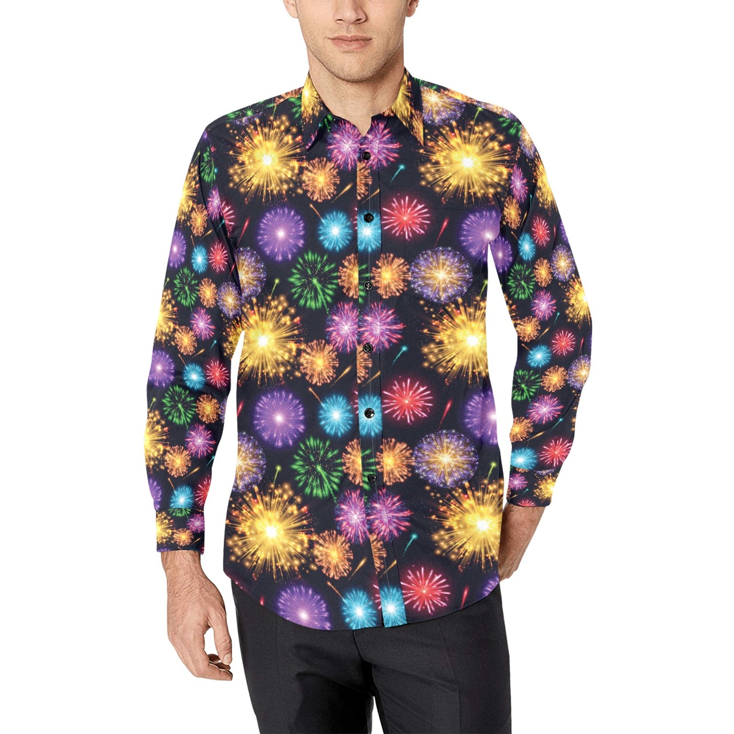 Firework Print Design LKS305 Men's Long Sleeve Dress Shirt