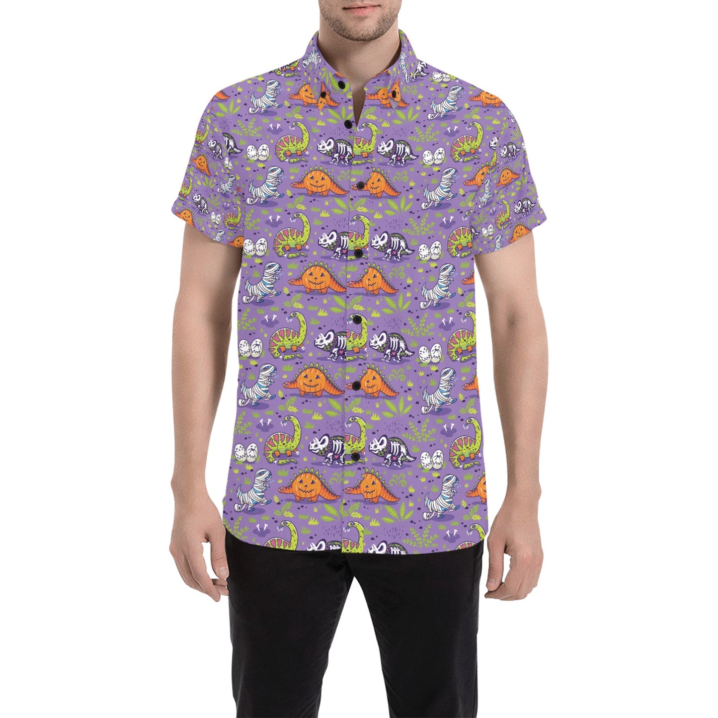 Zombie Dinosaur Print Design LKS302 Men Short Sleeve Button Up Shirt