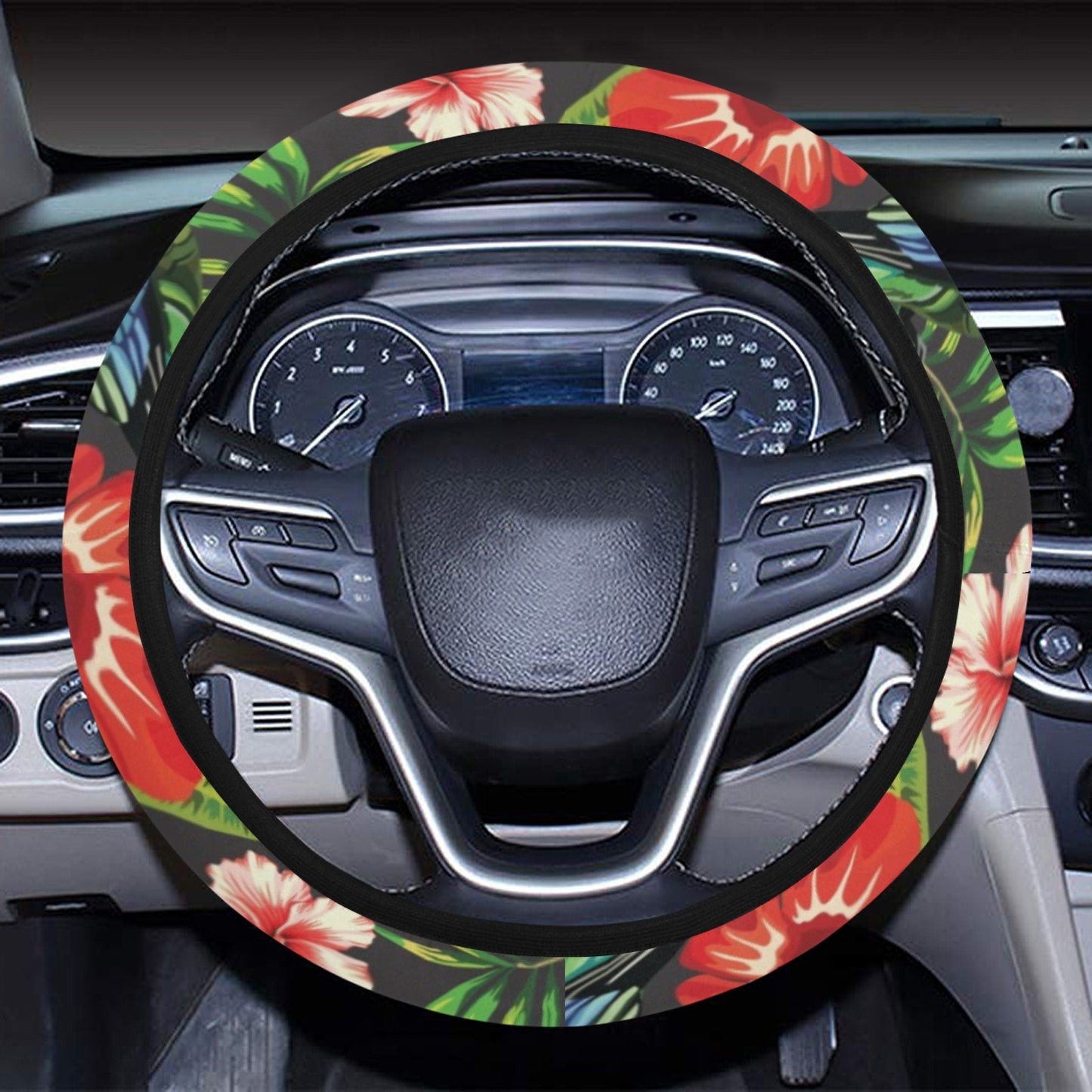 Hibiscus Red With Parrotprint Design LKS303 Steering Wheel Cover with Elastic Edge