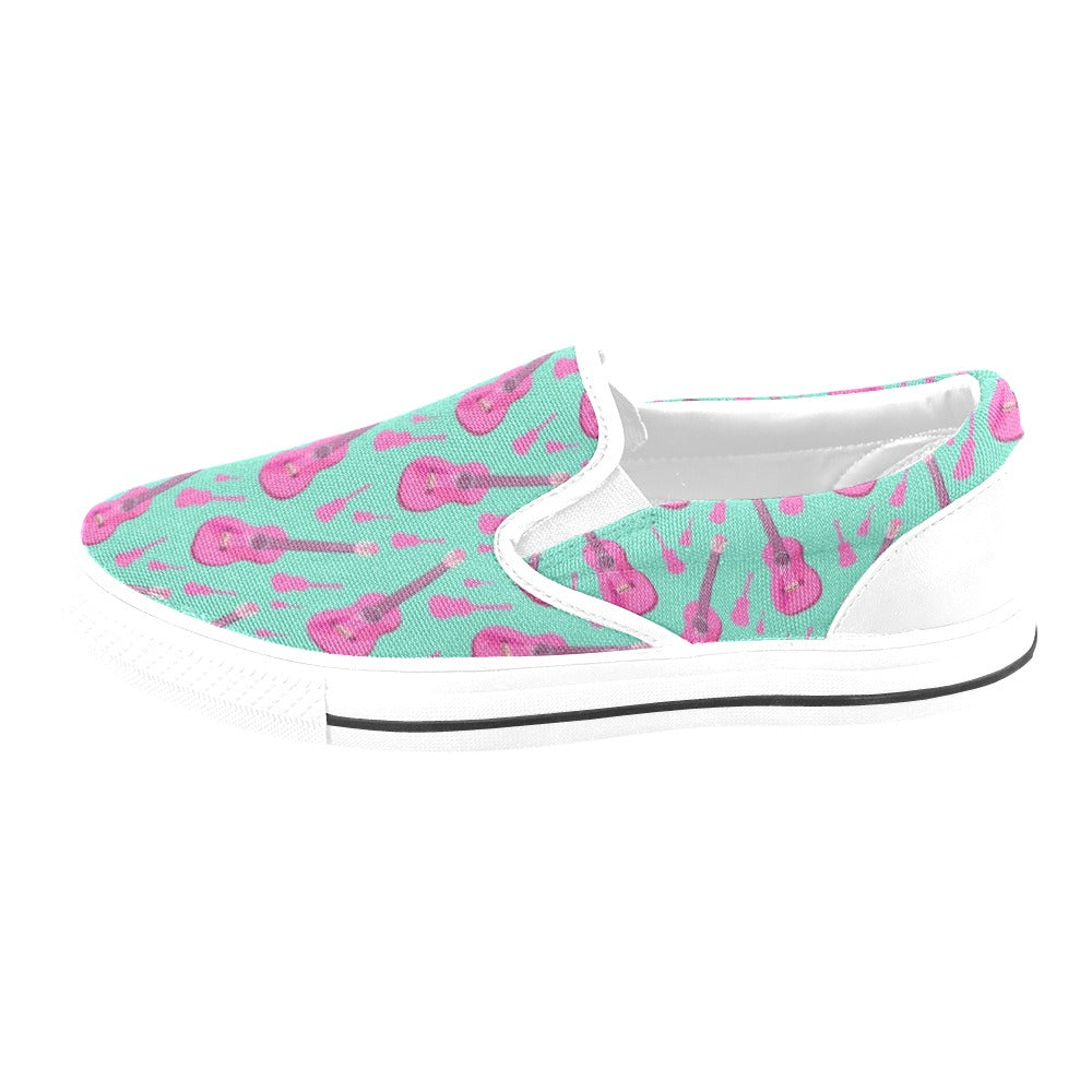 Acoustic Guitar Print Design LKS405 White Slip Ons Canvas Women's Shoes