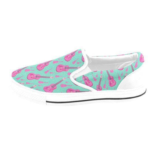 Acoustic Guitar Print Design LKS405 White Slip Ons Canvas Women's Shoes