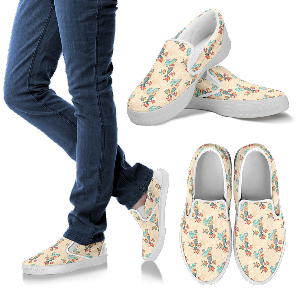 Mermaid Girl With Fish Design Print Men Slip Ons Shoes