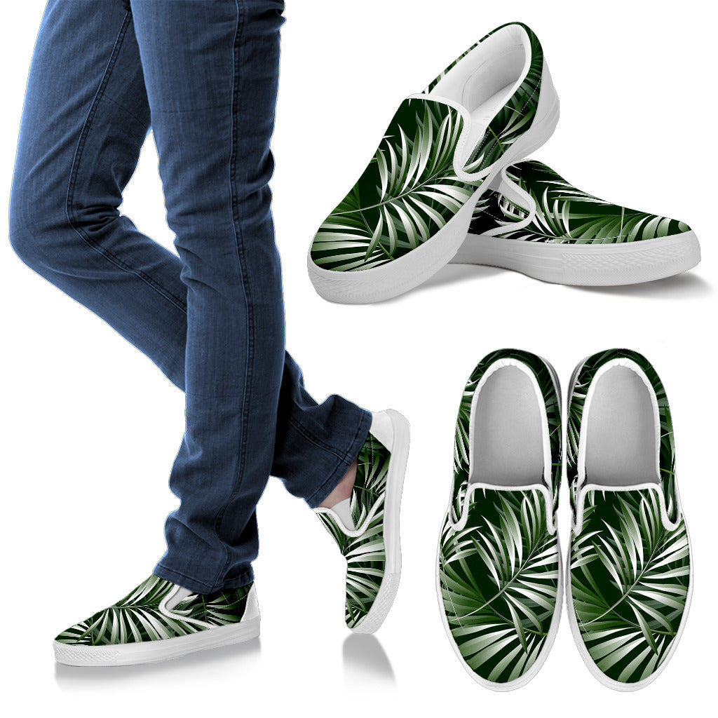 White Green Tropical Palm Leaves Men Slip Ons Shoes