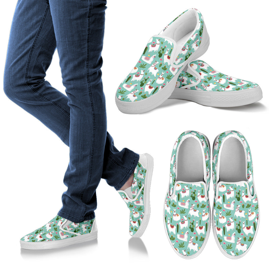 Llama with Cactus Themed Print Men Slip Ons Shoes