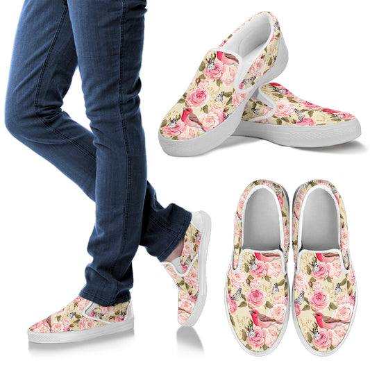 Bird Butterfly Pink Flower Print Pattern Men Slip Ons Shoes