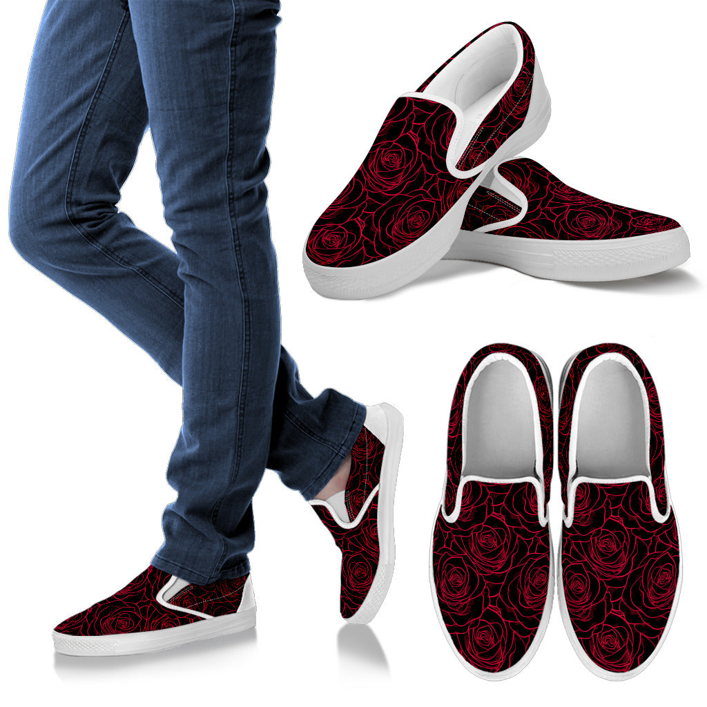 Red Rose Design Print Men Slip Ons Shoes