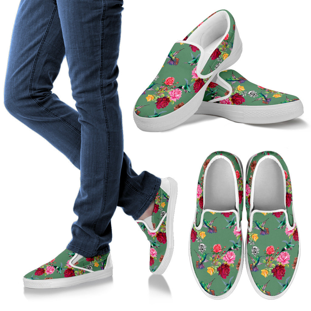 Hummingbird with Rose Themed Print Men Slip Ons Shoes