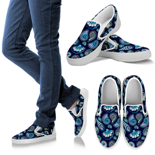 Beach Seashell Blue Print Men Slip Ons Shoes