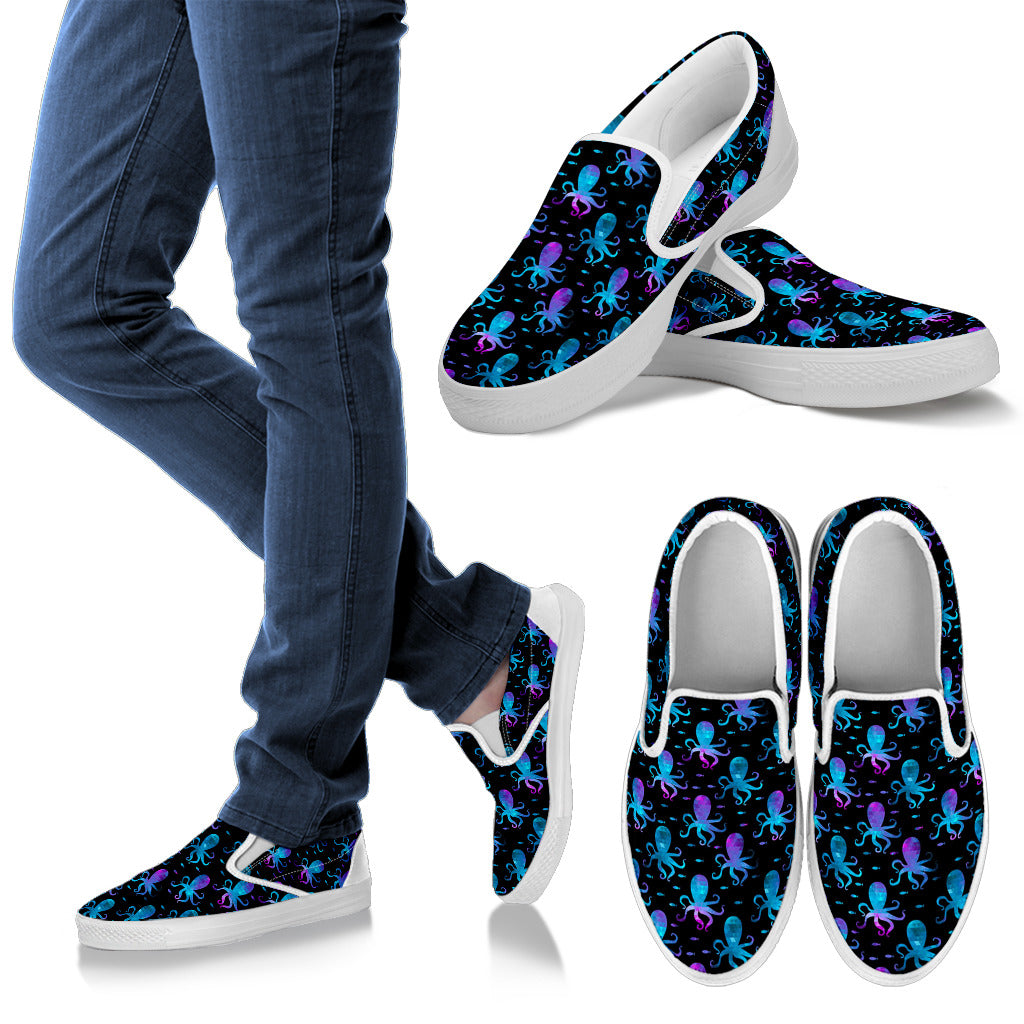 Octopus Blue Design Print Themed Men Slip Ons Shoes