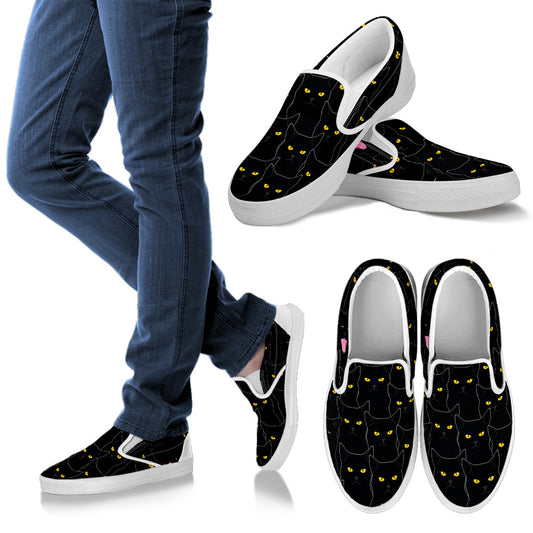 Black Cat Yellow Eyes Print Pattern Men Slip Ons Shoes