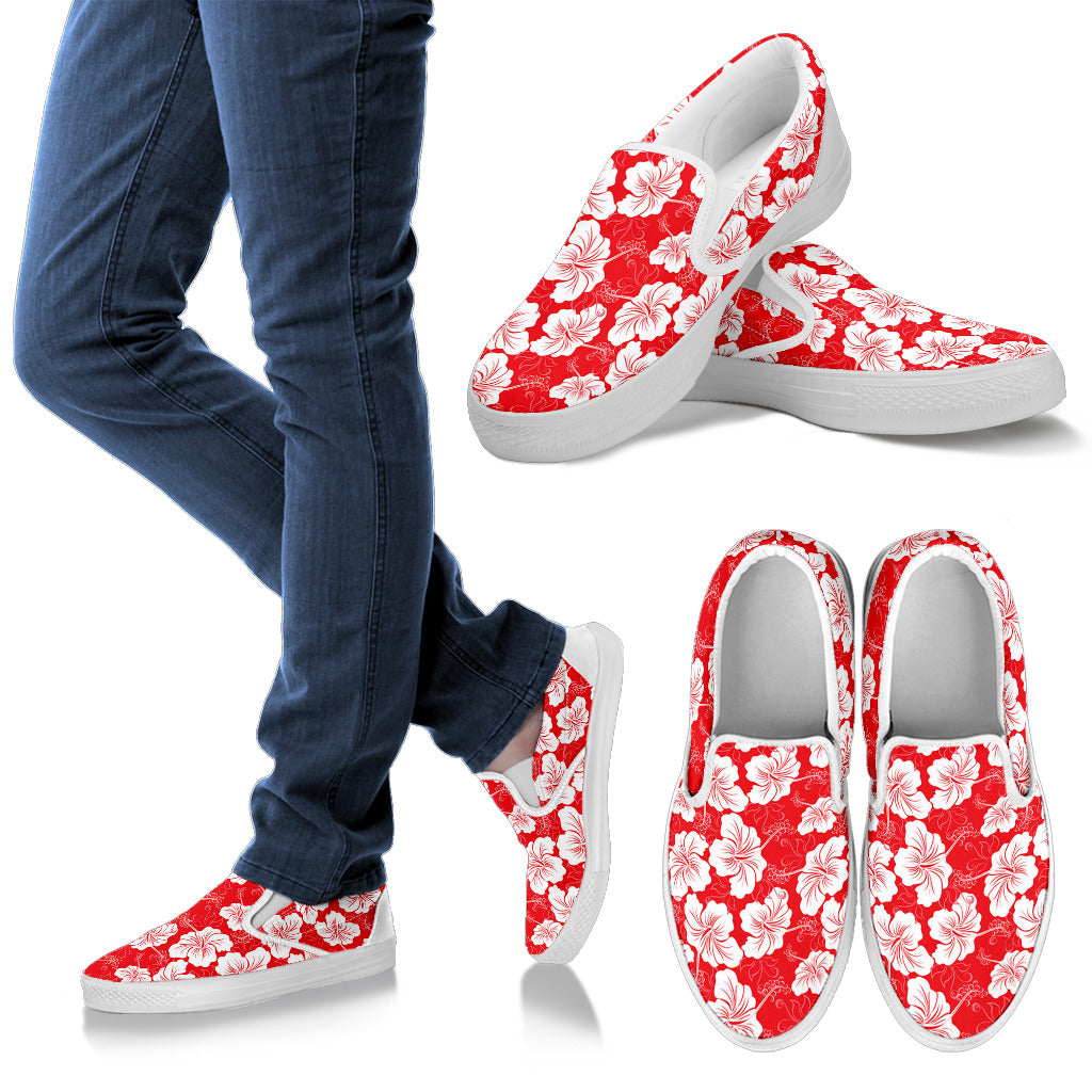 Flower Hawaiian Hibiscus Red Background Print Men Slip Ons Shoes