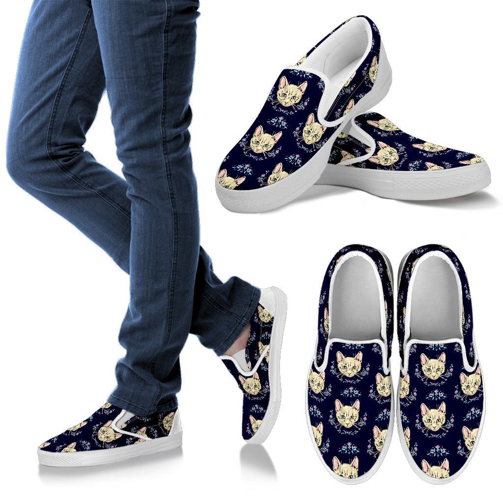 Cat Head with flower Print Pattern Men Slip Ons Shoes