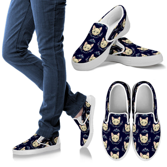 Cat Head with flower Print Pattern Men Slip Ons Shoes