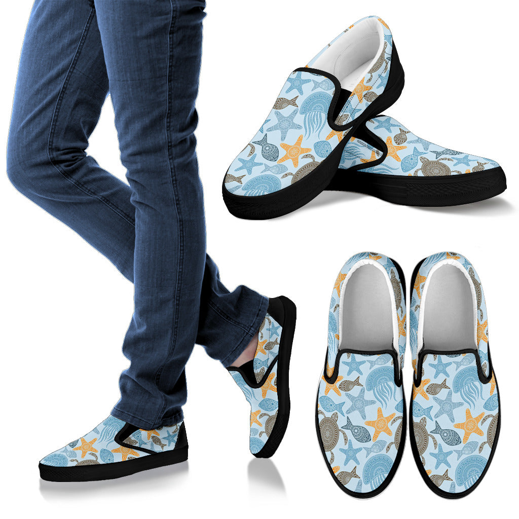 Polynesian Jellyfish Turtle Print Men Slip Ons Shoes