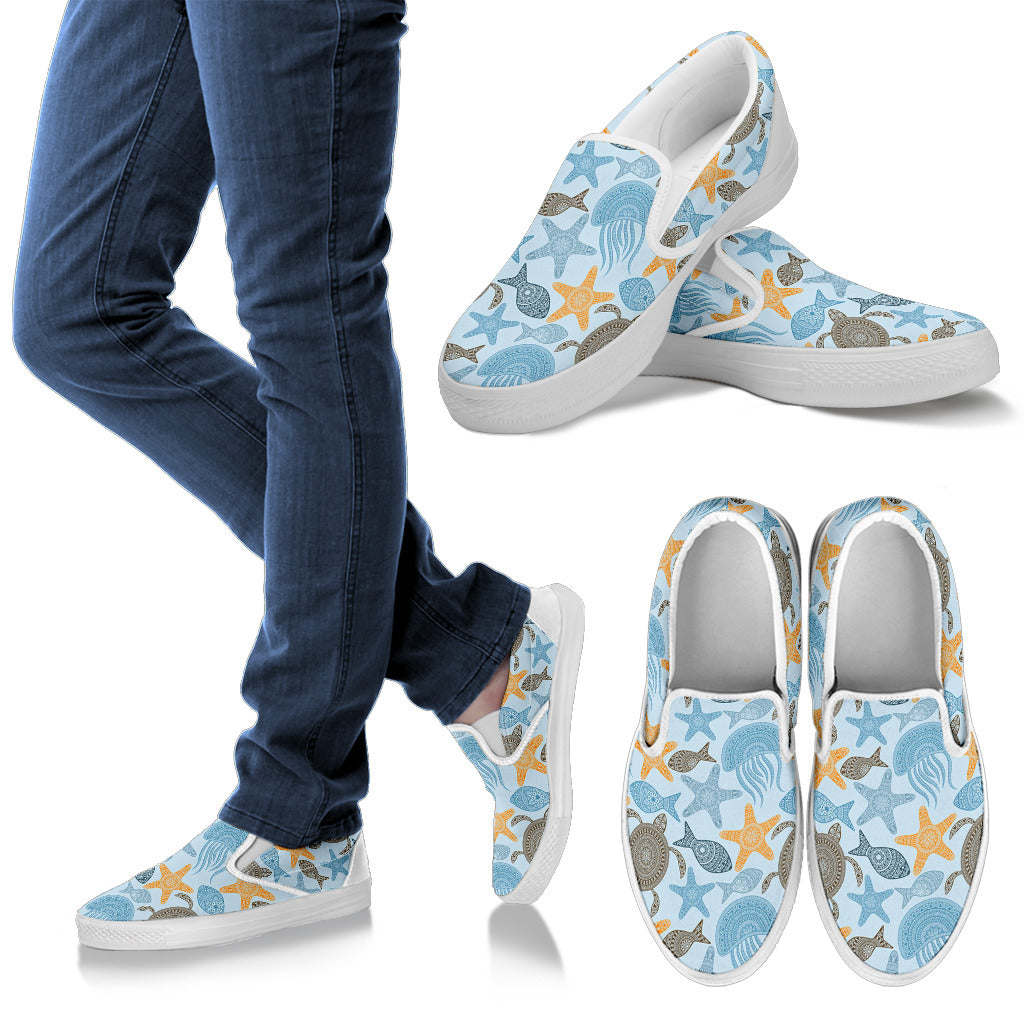 Polynesian Jellyfish Turtle Print Men Slip Ons Shoes