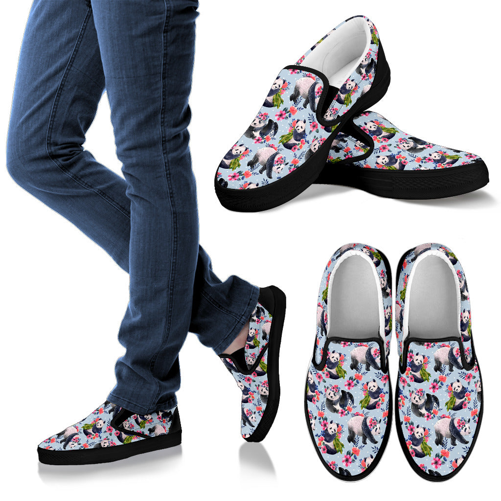 Panda Bear Flower Design Themed Print Men Slip Ons Shoes