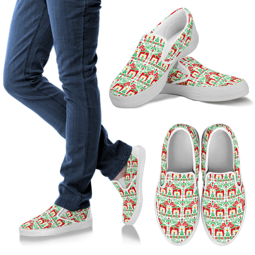 Swedish Dala Style Pattern Men Slip Ons Shoes