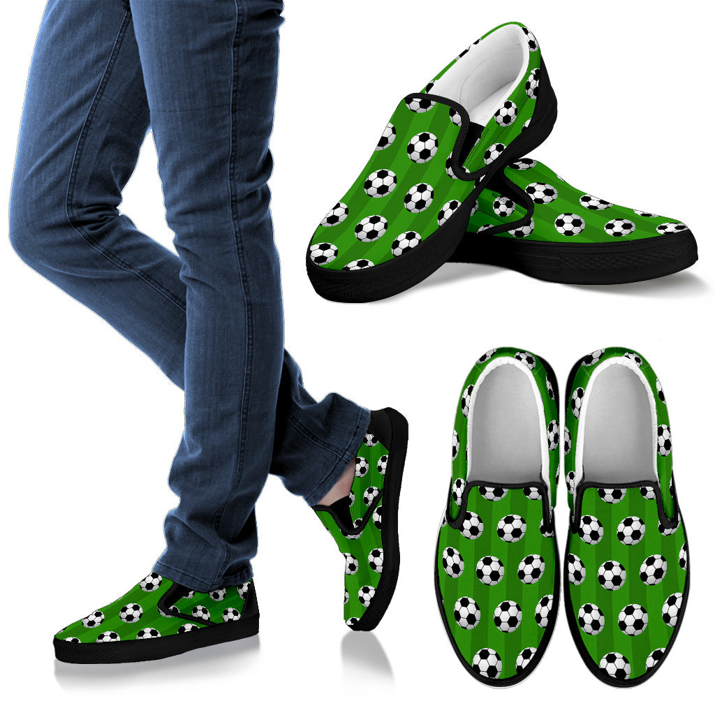 Soccer Ball Green Backgrpund Print Men Slip Ons Shoes