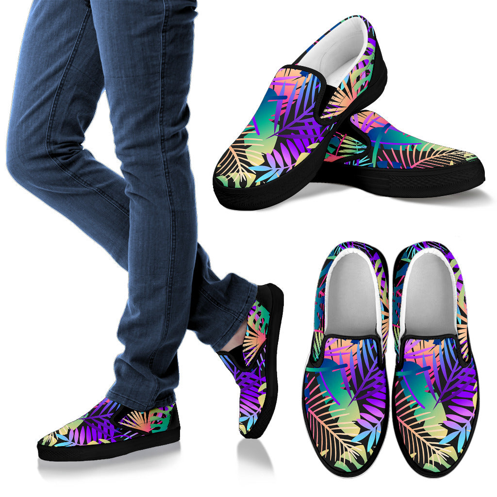 Neon Flower Tropical Palm Leaves Men Slip Ons Shoes