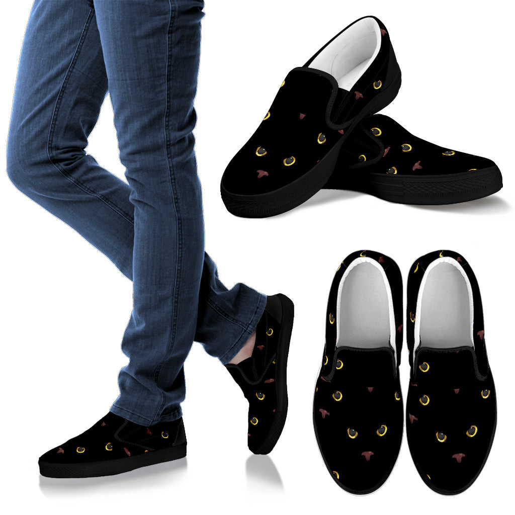 Black Cat Face Print Pattern Men Slip Ons Shoes