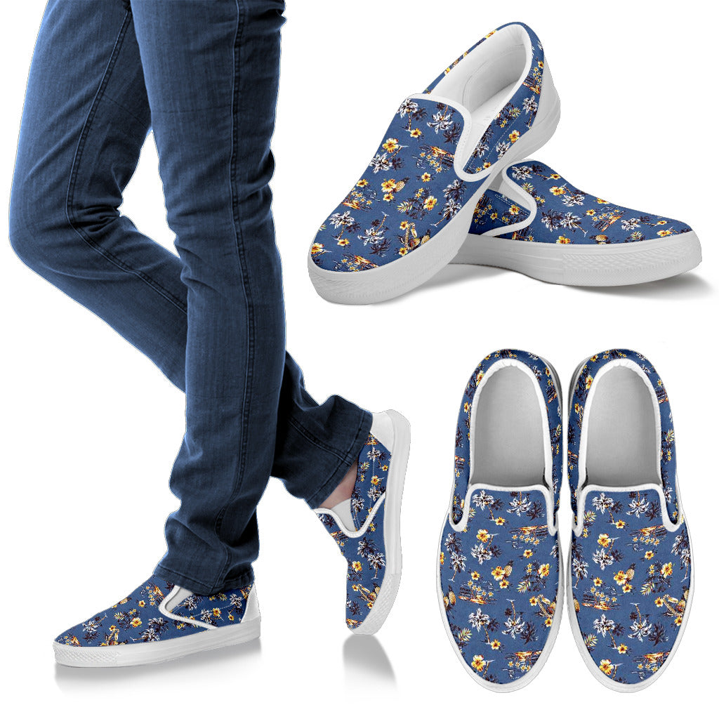 Hawaiian Flower Blue Print Men Slip Ons Shoes