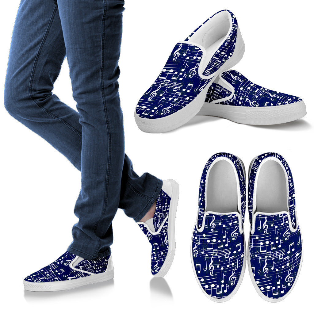 Music Note Blue Themed Print Men Slip Ons Shoes