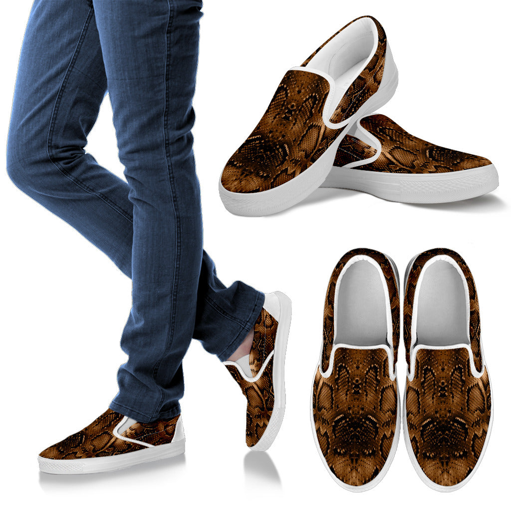Snake Skin Brown Print Men Slip Ons Shoes