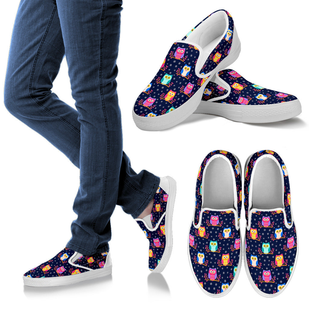 Owl Cute Themed Design Print Men Slip Ons Shoes