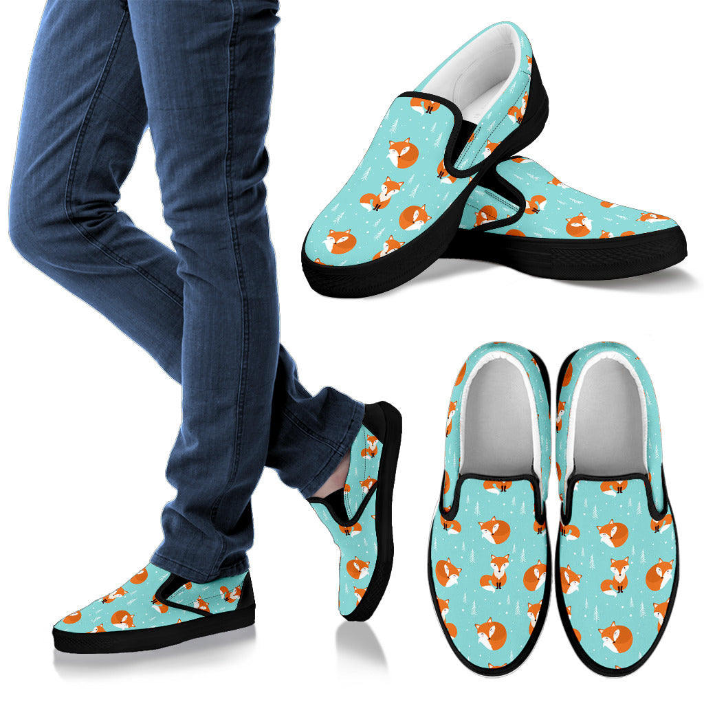 Fox Design Snow Print Pattern Men Slip Ons Shoes