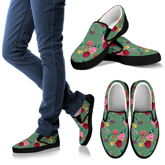 Hummingbird with Rose Themed Print Men Slip Ons Shoes