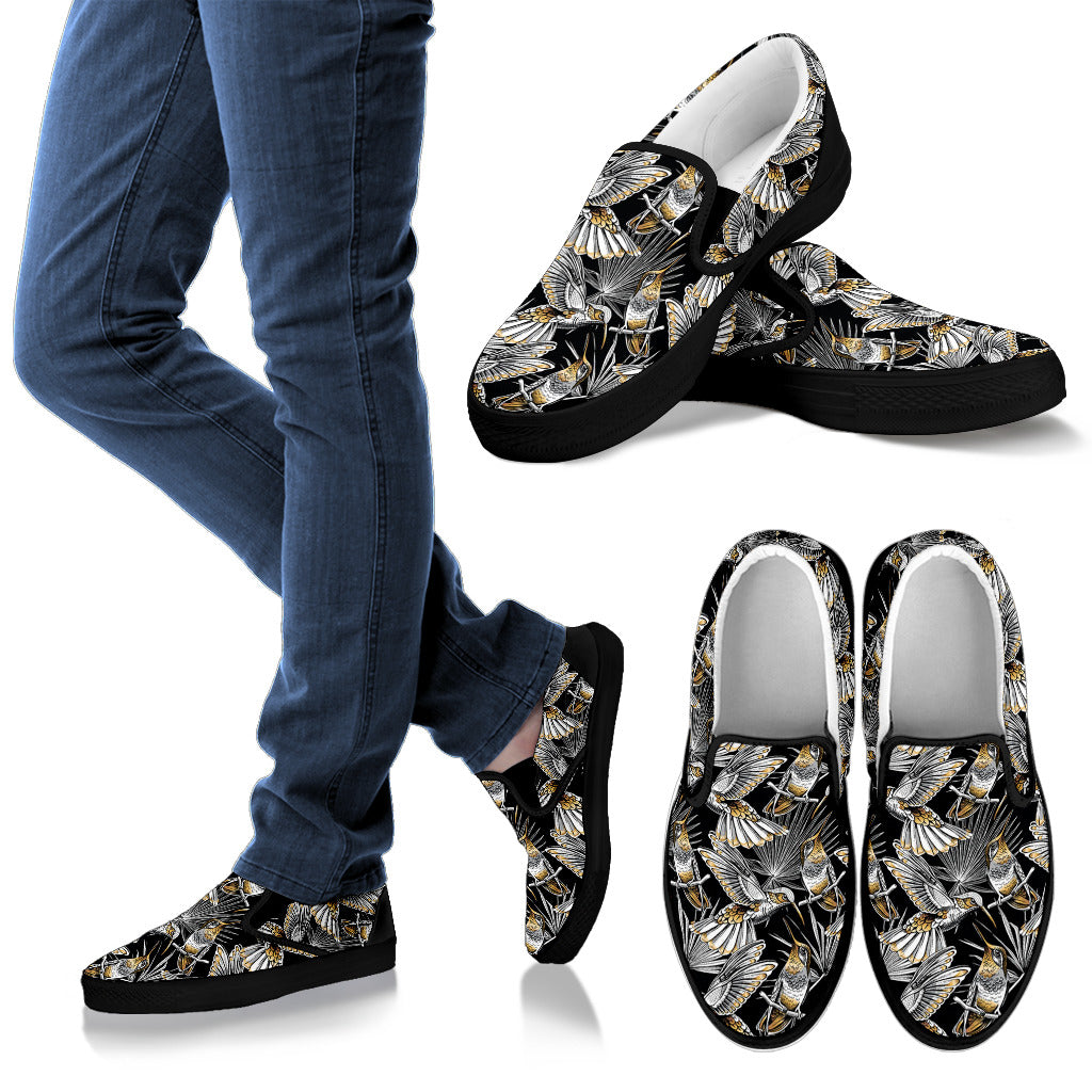 Hummingbird Gold Design Themed Print Men Slip Ons Shoes