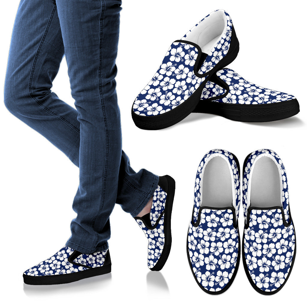 Hibiscus Blue Hawaiian Flower Pattern Men Slip Ons Shoes