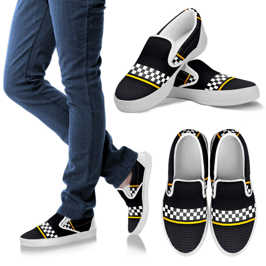 Checkered Flag Yellow Line Style Men Slip Ons Shoes