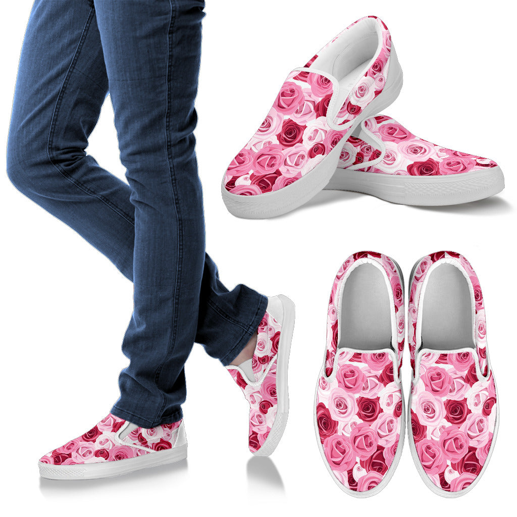 Pink Red Rose Pattern Print Men Slip Ons Shoes