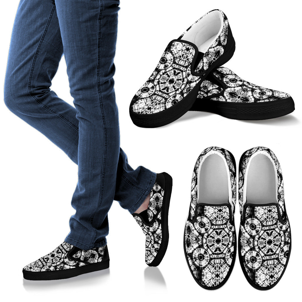 Tie Dye Black White Design Print Men Slip Ons Shoes