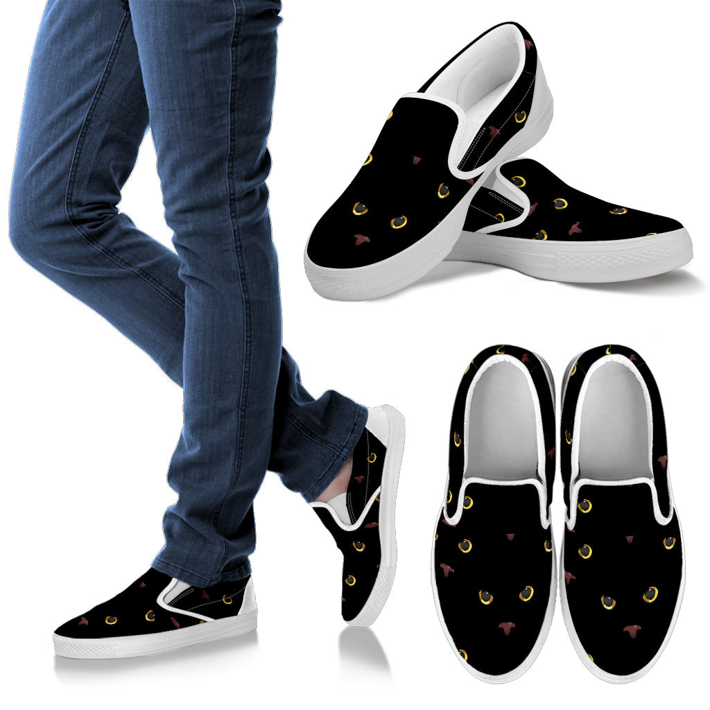 Black Cat Face Print Pattern Men Slip Ons Shoes